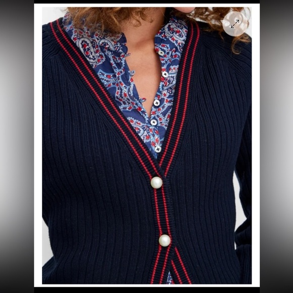 NWT Talbots V-Neck Ribbed Pearl button Cardigan Tipped Navy with Red
Size Large - Picture 2 of 12